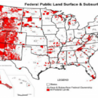 This image shows a map of the United states with all federally-owned land (undifferentiated by agency) shown in red.