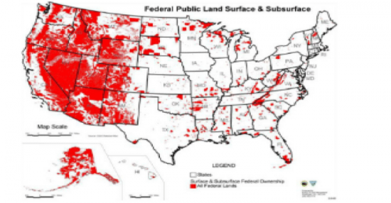 This image is a map of the United States showing in red which areas are owned, either on the surface or with regard to subsurface rights, by the federal government.