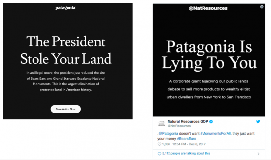 This image is a screen capture of 2 social media posts, the first responding to President Trump's executive order to reduce the size of Bears Ears and Grand Staircase Escalante National Monuments and the second responding to the first post.